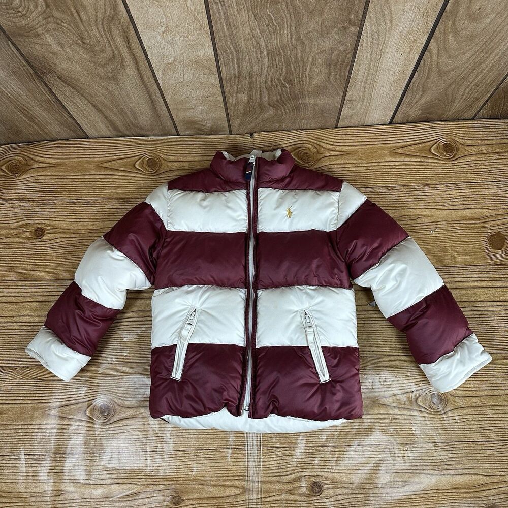 Polo Ralph Lauren Kids Down Puffer Jacket Size 6  Burgundy Cream Striped